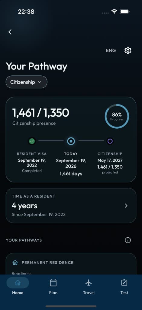 Aotea Path app showing citizenship pathway dashboard
